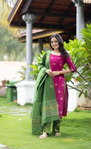Elegant Pink and  Green Kanchi Cotton Kurta Set with Traditional Dupatta - Pink