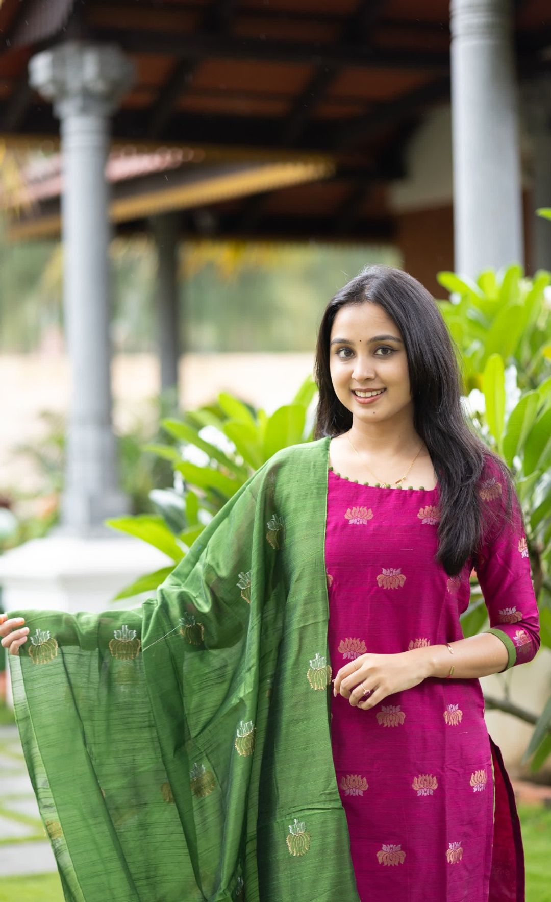 Elegant Pink and  Green Kanchi Cotton Kurta Set with Traditional Dupatta
