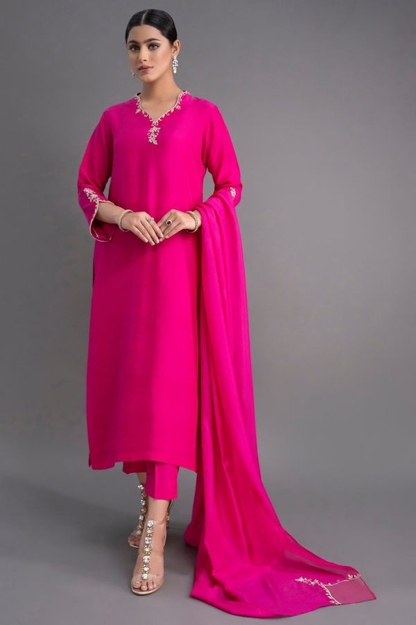 Premium Rani Pink Straight Kurta with Dupatta Set