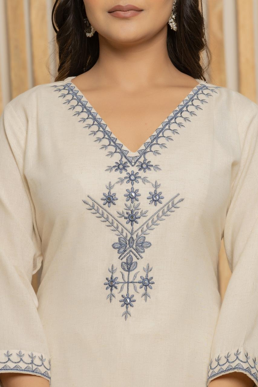 Cream Khadi Cotton Straight Kurta Set with Dupatta