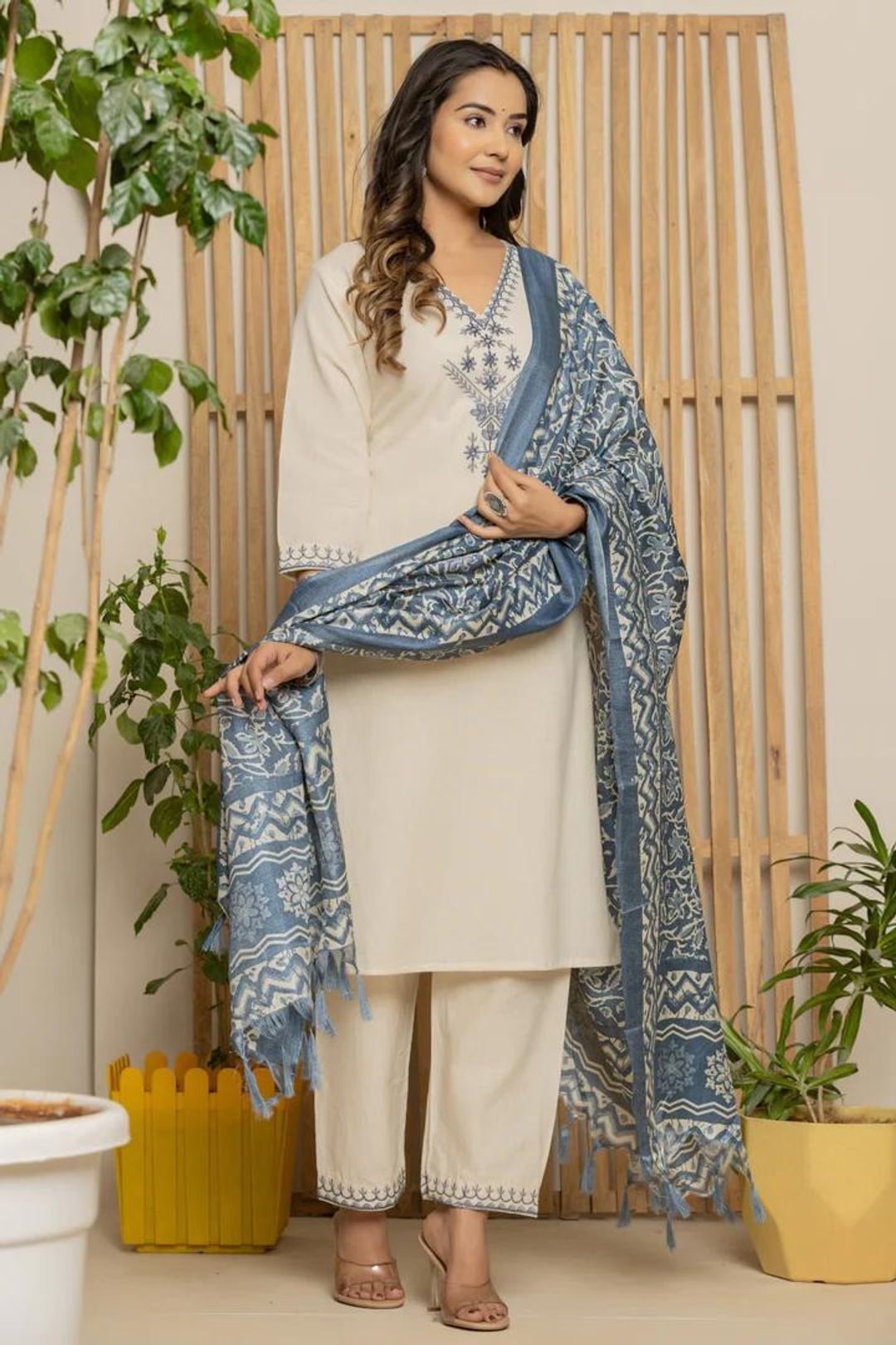 Cream Khadi Cotton Straight Kurta Set with Dupatta