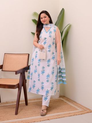 White Blue Printed Cotton Kurta Pant Dupatta Set