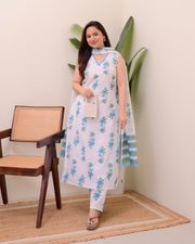 White Blue Printed Cotton Kurta Pant Dupatta Set - White
