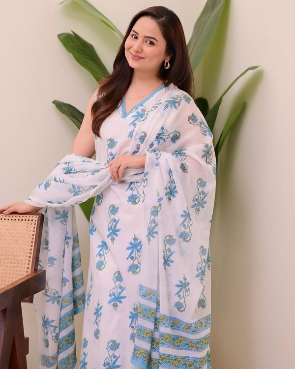 White Blue Printed Cotton Kurta Pant Dupatta Set