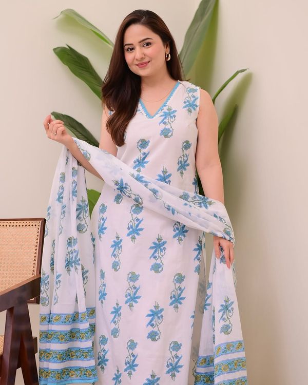 White Blue Printed Cotton Kurta Pant Dupatta Set
