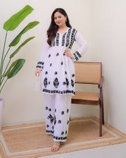 Soft Khadi Cotton White Kurta Set with Black Design - White