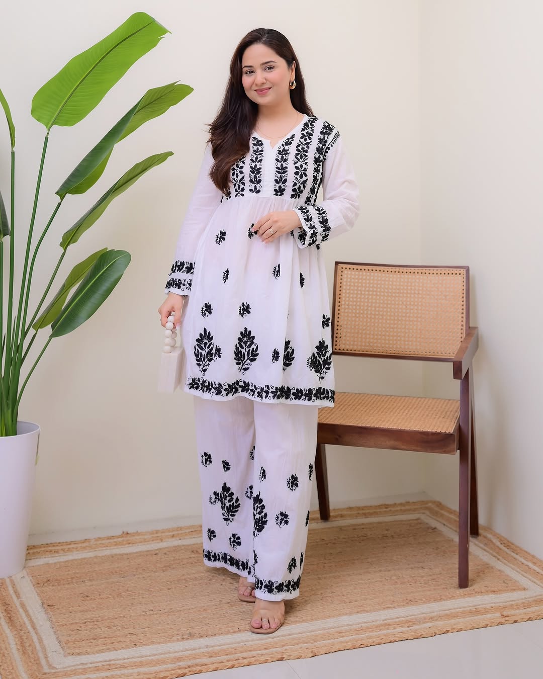 Soft Khadi Cotton White Kurta Set with Black Design