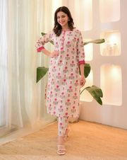 Soft Rayon Pink Print Kurta Set for Women - Cream