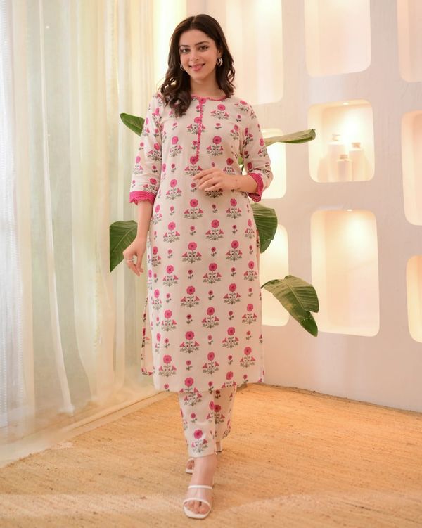 Soft Rayon Pink Print Kurta Set for Women