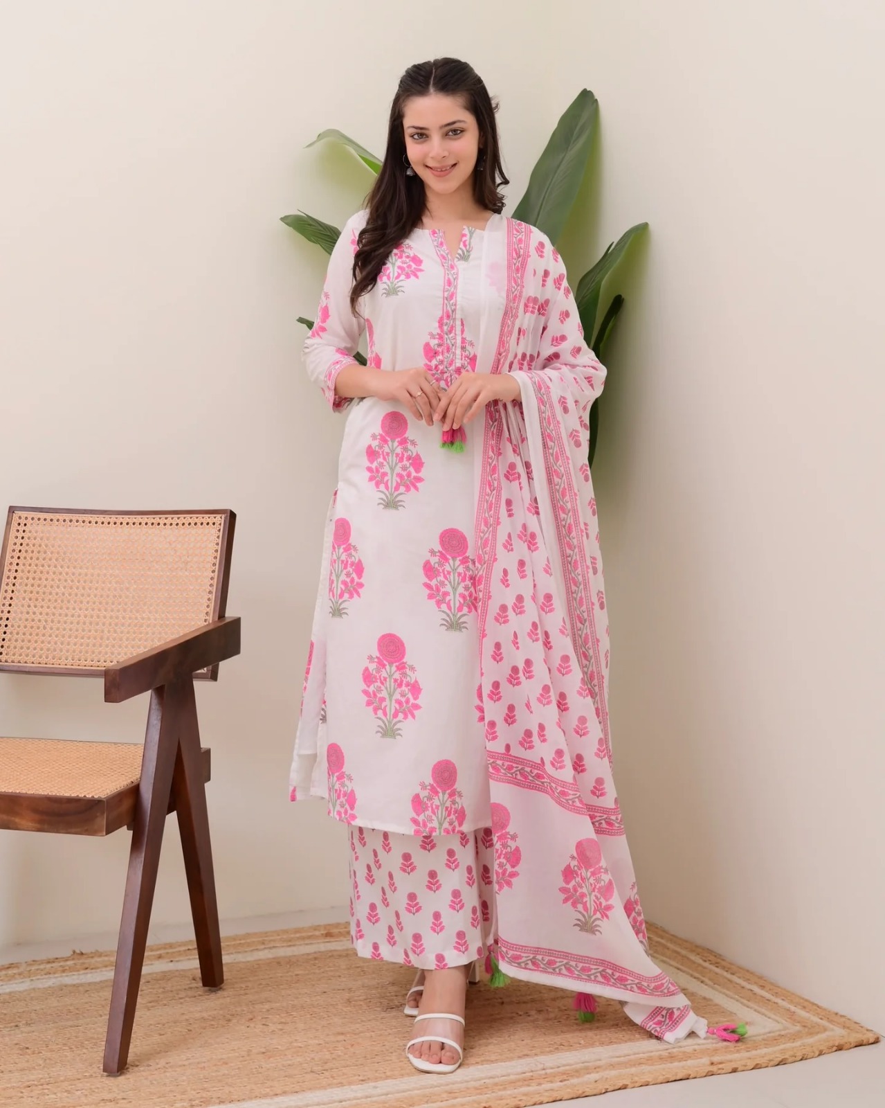 Designer Pink Floral Kurta Set with Muslin Dupatta