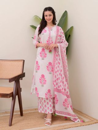 Designer Pink Floral Kurta Set with Muslin Dupatta