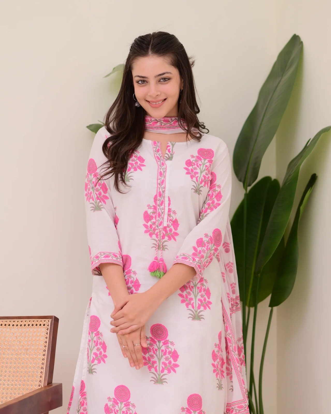 Designer Pink Floral Kurta Set with Muslin Dupatta