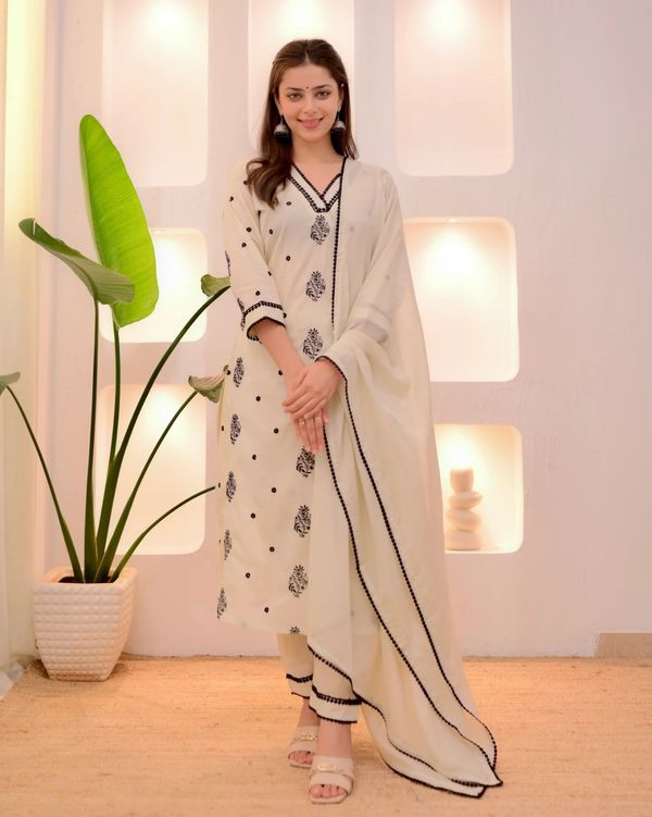 Festive Wear Cream Embroidered Kurta Set