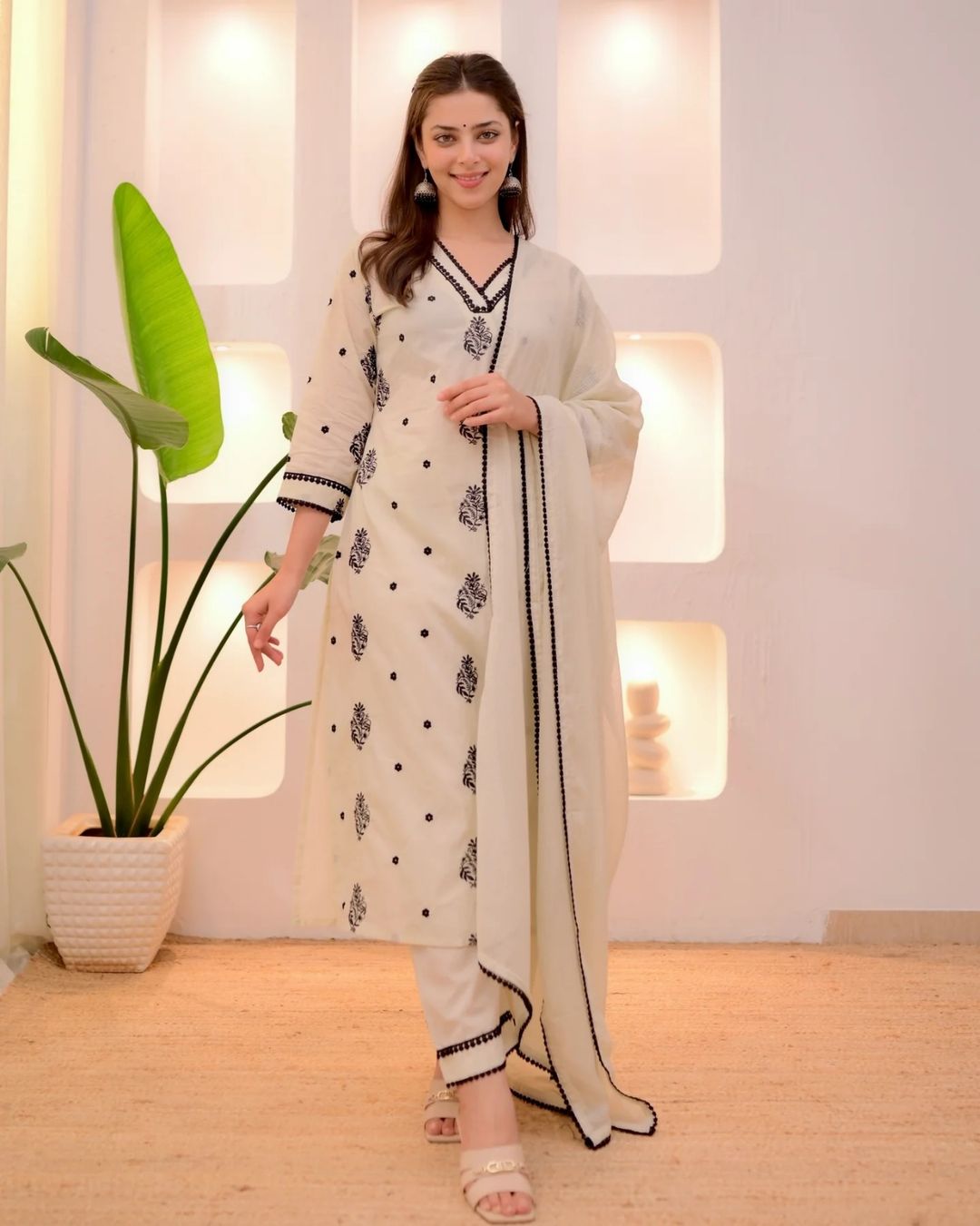 Festive Wear Cream Embroidered Kurta Set