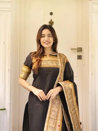 Black Kanchi Cotton Jacquard Kurti with Woven Dupatta Set