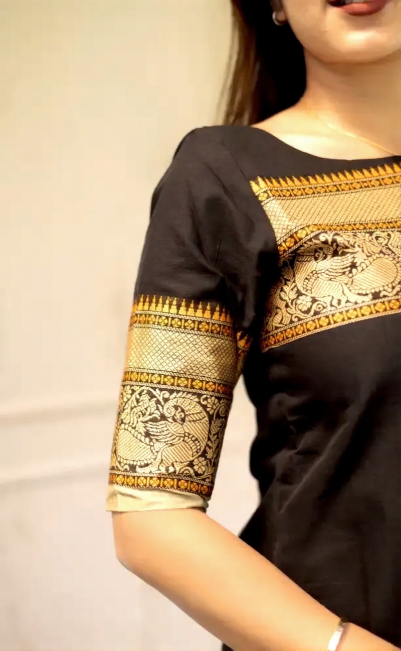 Black Kanchi Cotton Jacquard Kurti with Woven Dupatta Set