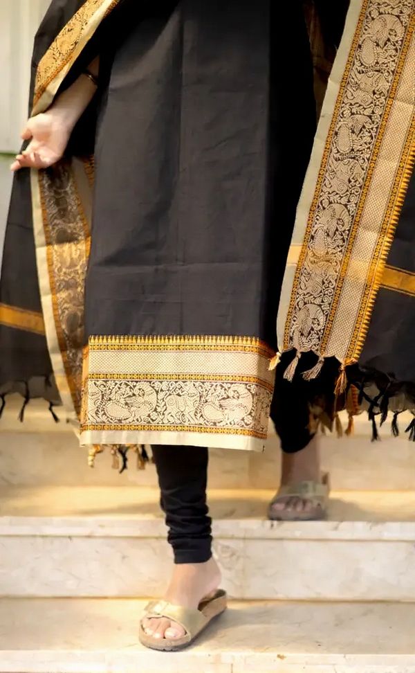 Black Kanchi Cotton Jacquard Kurti with Woven Dupatta Set