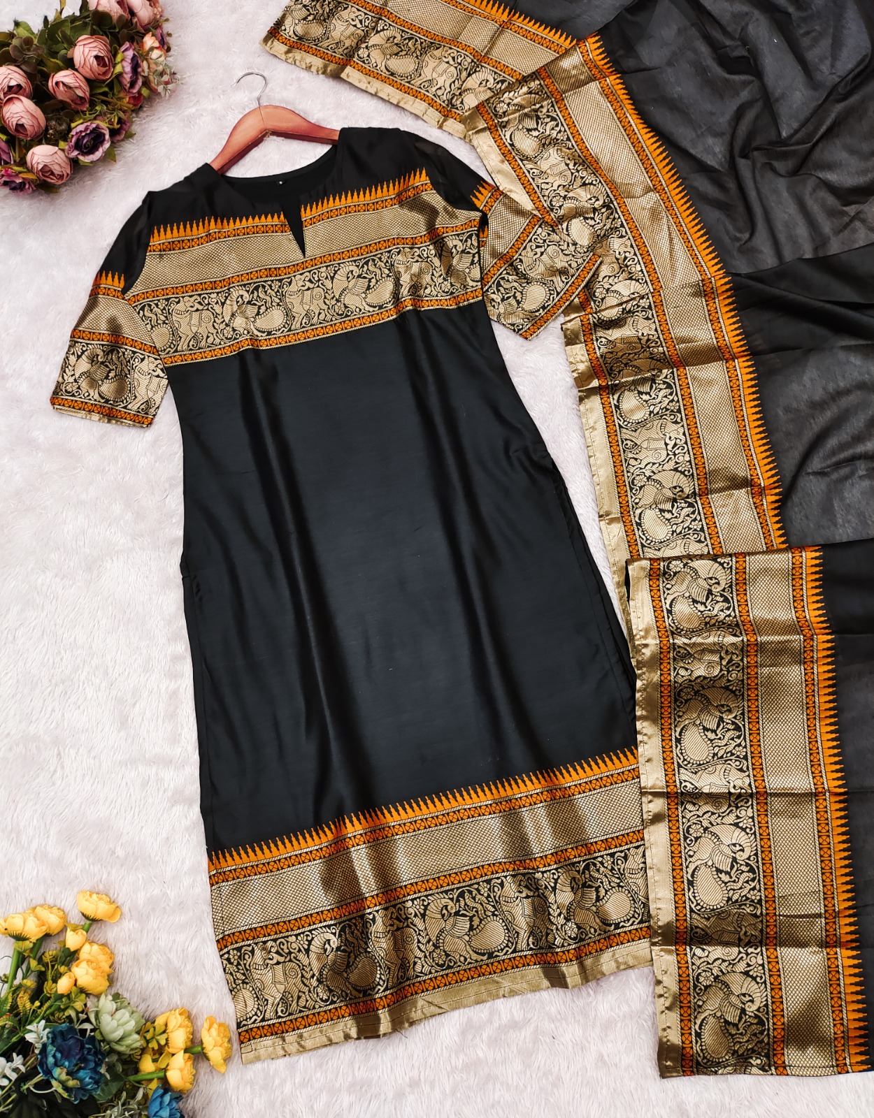 Black Kanchi Cotton Jacquard Kurti with Woven Dupatta Set