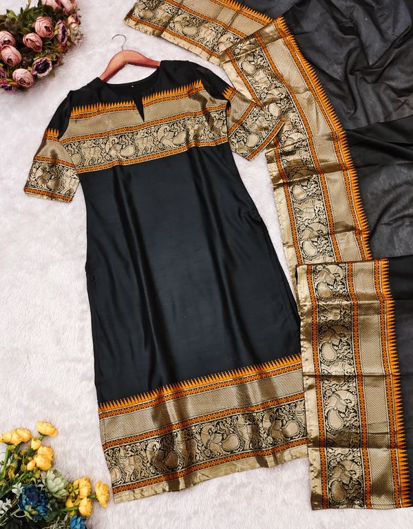 Black Kanchi Cotton Jacquard Kurti with Woven Dupatta Set
