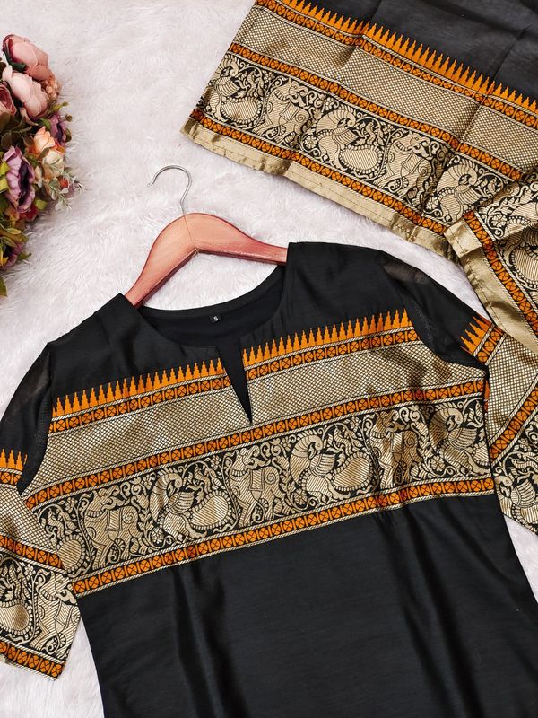 Black Kanchi Cotton Jacquard Kurti with Woven Dupatta Set