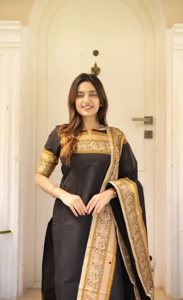 Black Kanchi Cotton Jacquard Kurti with Woven Dupatta Set