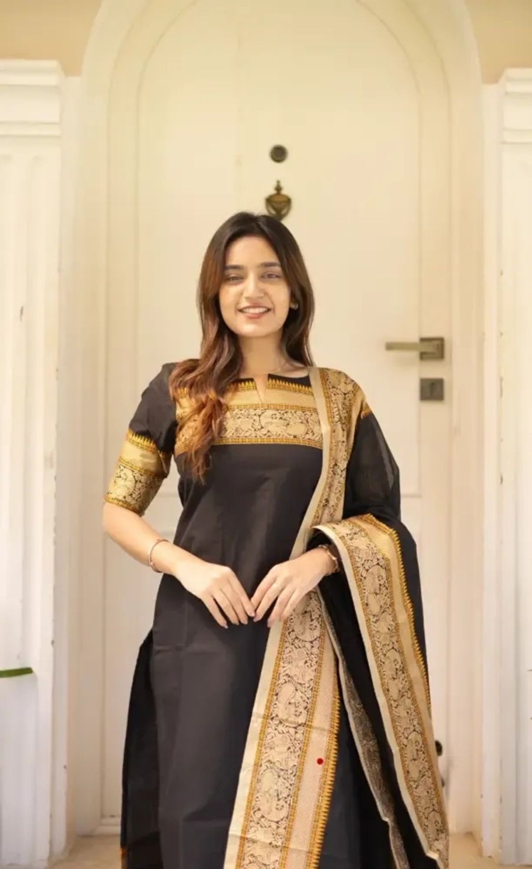 Black Kanchi Cotton Jacquard Kurti with Woven Dupatta Set