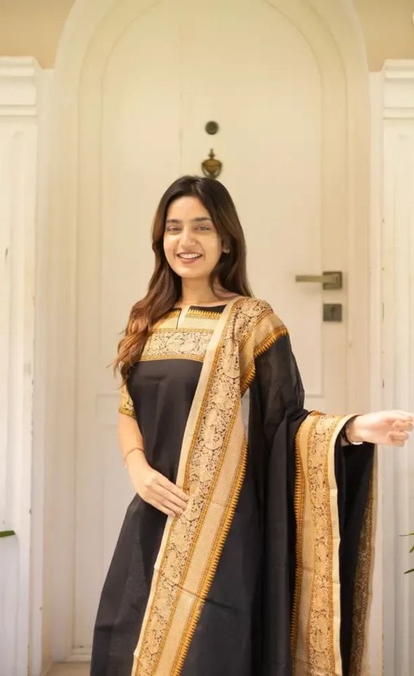Black Kanchi Cotton Jacquard Kurti with Woven Dupatta Set