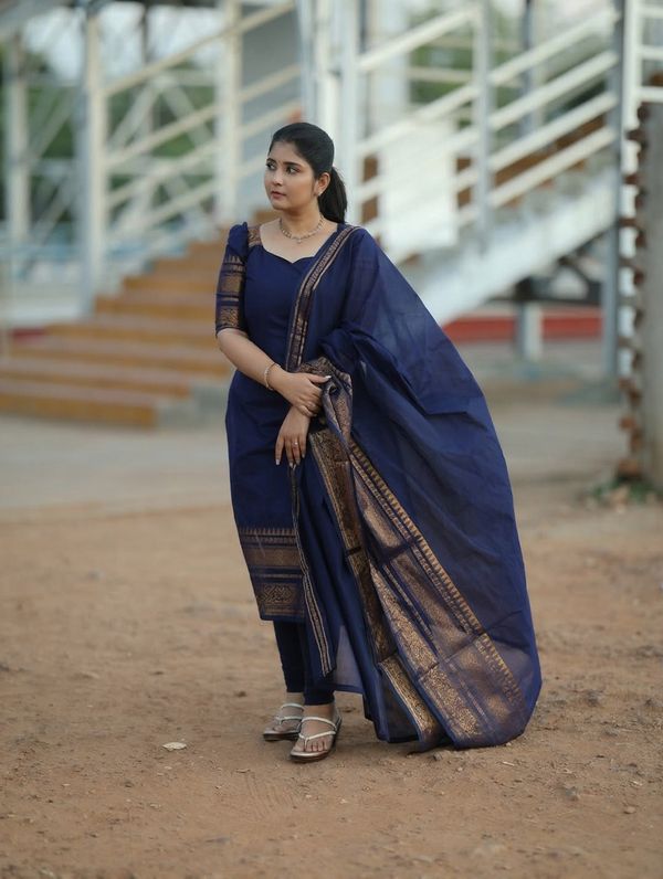 Blue Kanchi Cotton Jacquard Kurti with Elegant Dupatta