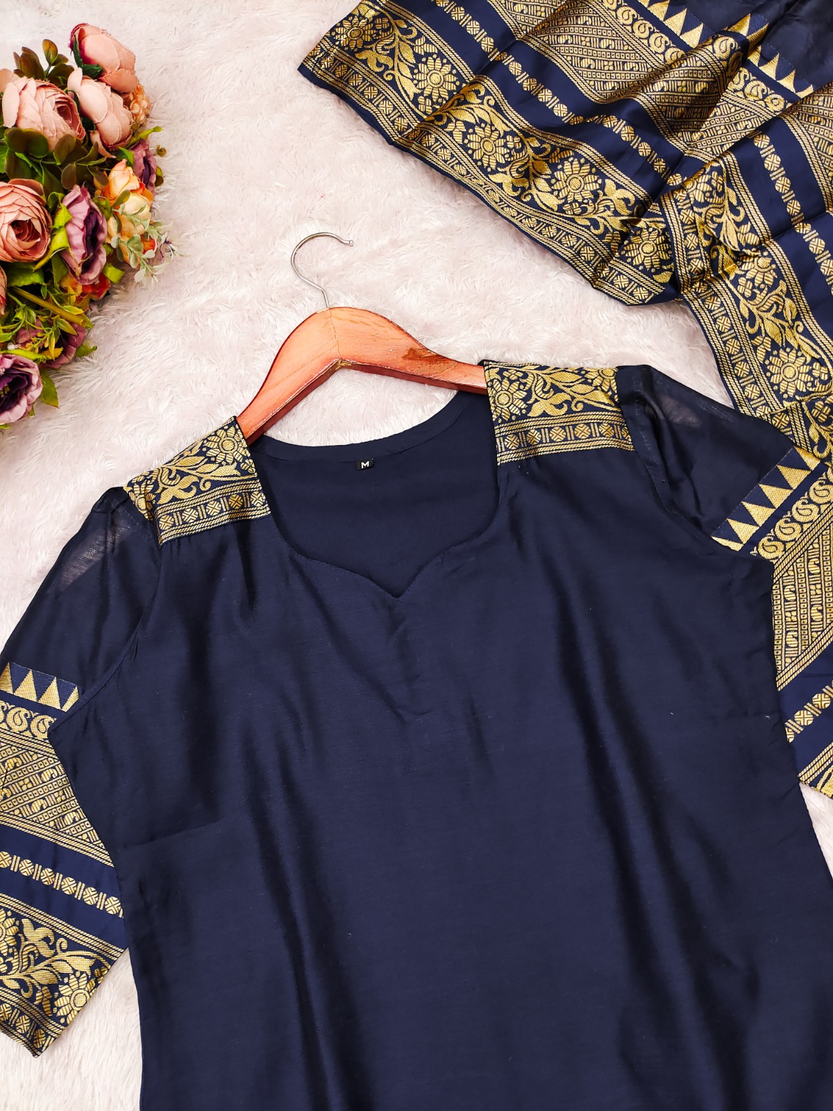 Blue Kanchi Cotton Jacquard Kurti with Elegant Dupatta