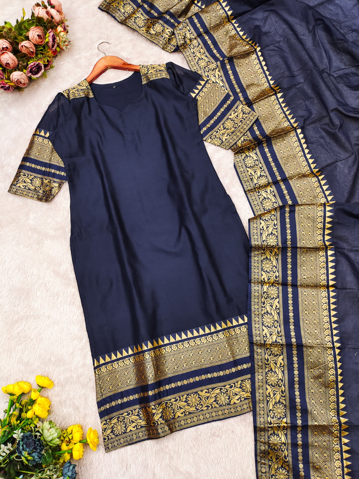 Blue Kanchi Cotton Jacquard Kurti with Elegant Dupatta