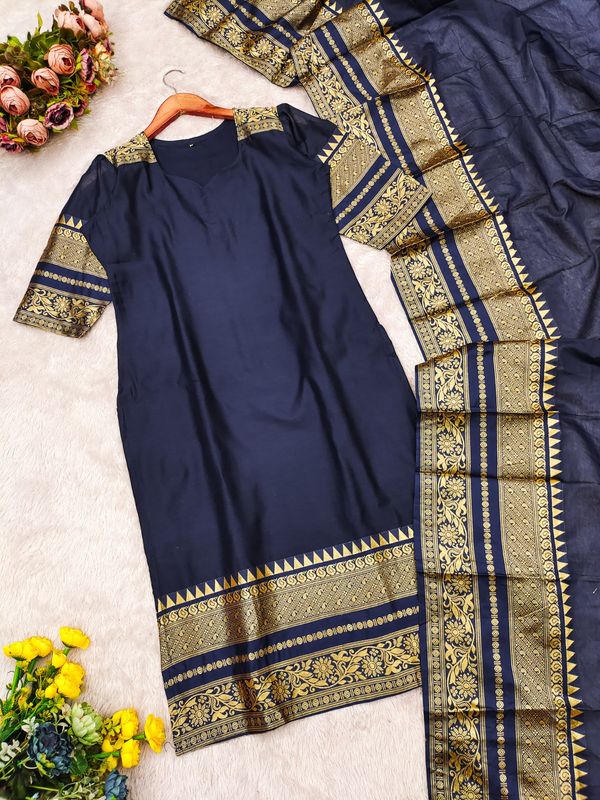 Blue Kanchi Cotton Jacquard Kurti with Elegant Dupatta