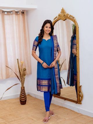 Blue Ethnic Cotton Kurti Set with Zari Work
