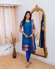 Blue Ethnic Cotton Kurti Set with Zari Work - Blue