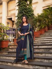 Navy Kanchi Cotton Kurti Set with Woven Dupatta - Navy