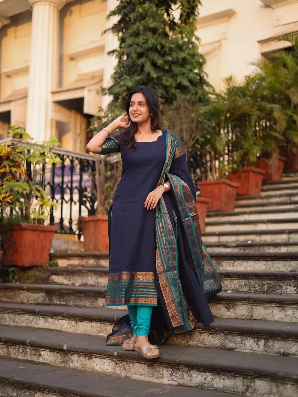 Navy Kanchi Cotton Kurti Set with Woven Dupatta