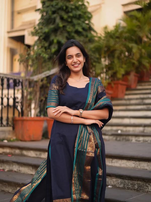 Navy Kanchi Cotton Kurti Set with Woven Dupatta