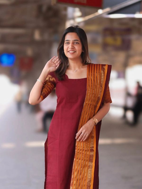 Classic Maroon Woven Kurti Set for Women