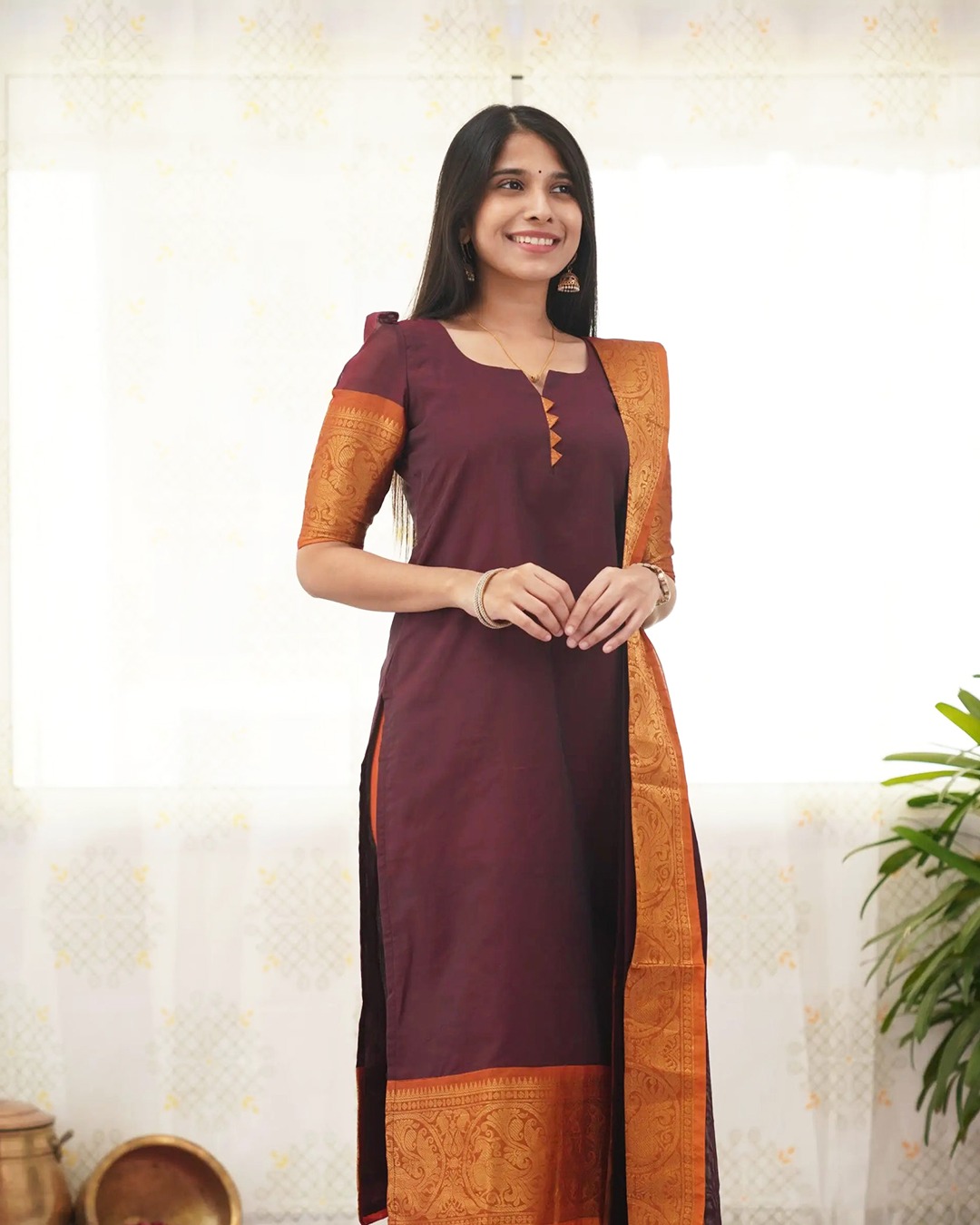 Maroon Heritage Weave Kurti Dupatta Set