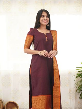 Maroon Heritage Weave Kurti Dupatta Set