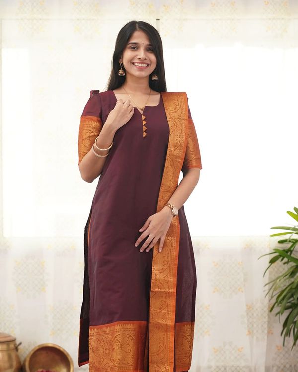 Maroon Heritage Weave Kurti Dupatta Set