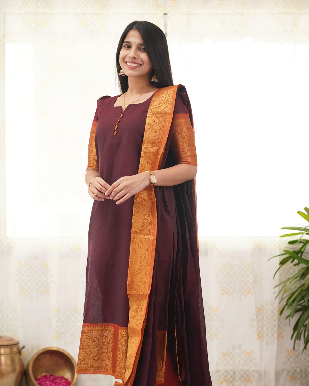 Maroon Heritage Weave Kurti Dupatta Set