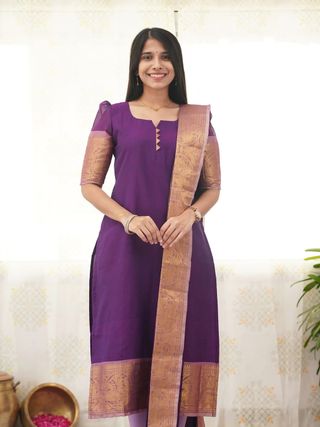 Purple Kanchi Cotton Kurti Set with Zari Dupatta