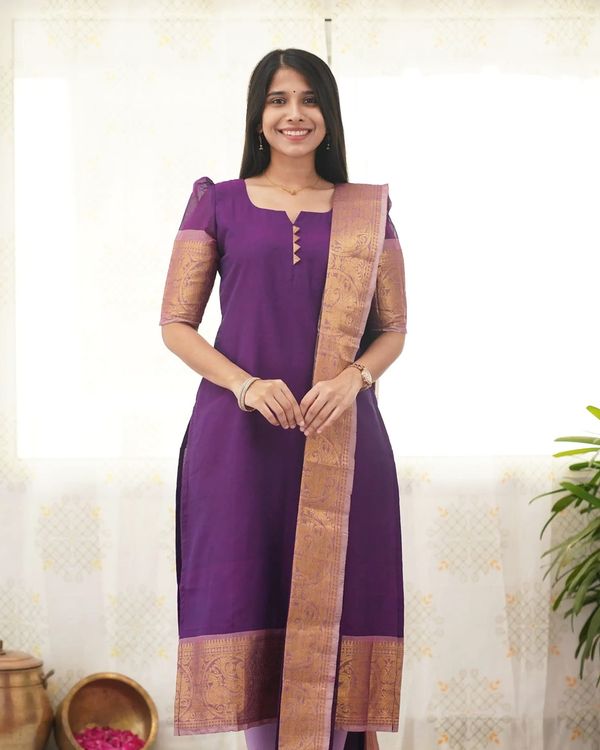 Purple Kanchi Cotton Kurti Set with Zari Dupatta