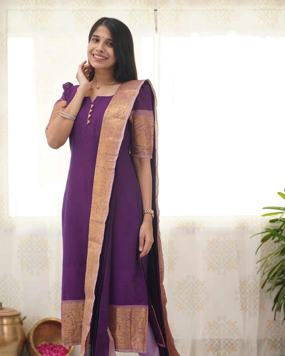 Purple Kanchi Cotton Kurti Set with Zari Dupatta