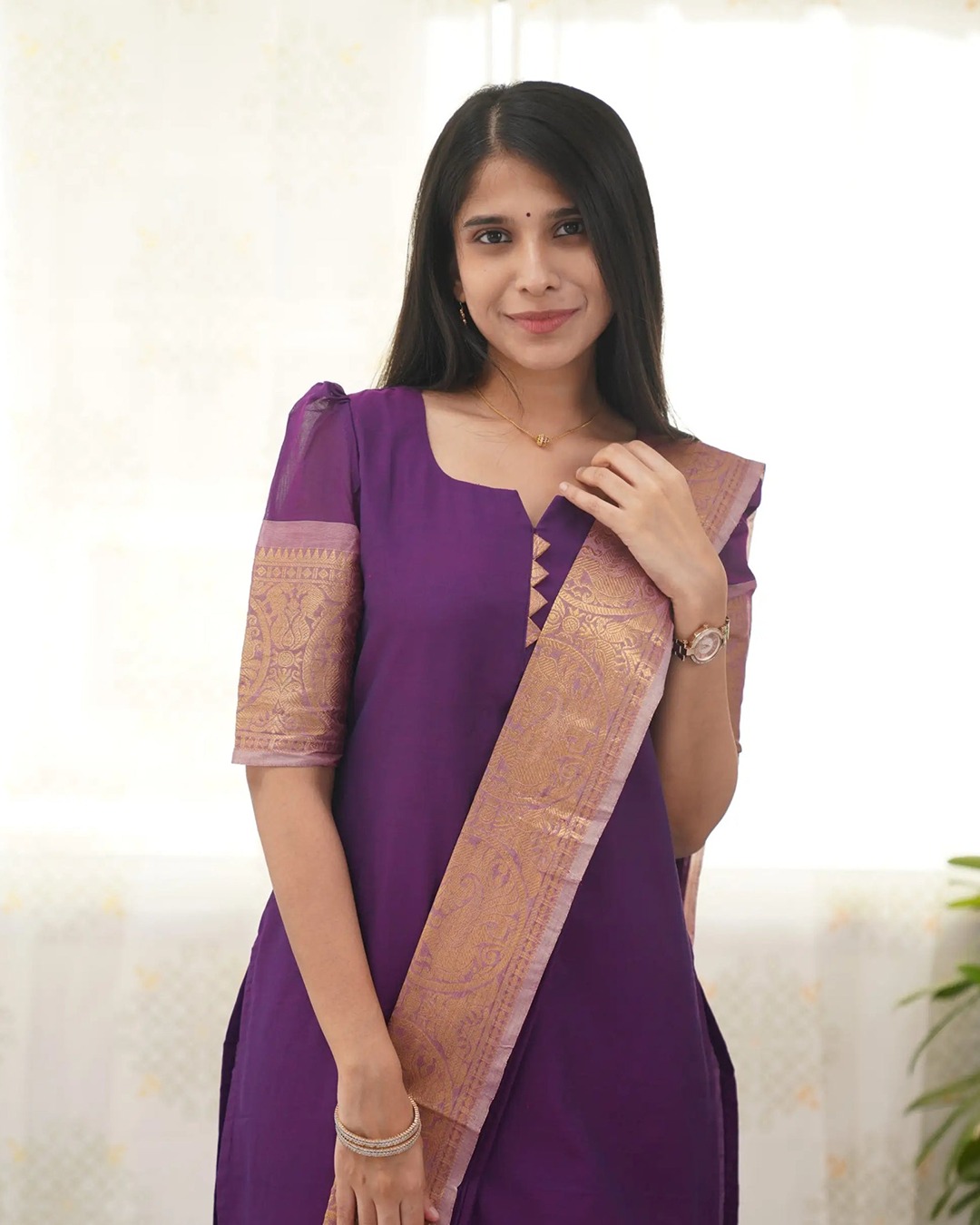 Purple Kanchi Cotton Kurti Set with Zari Dupatta