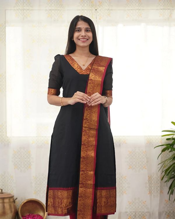 Black Heritage Weave Kurti Dupatta Set