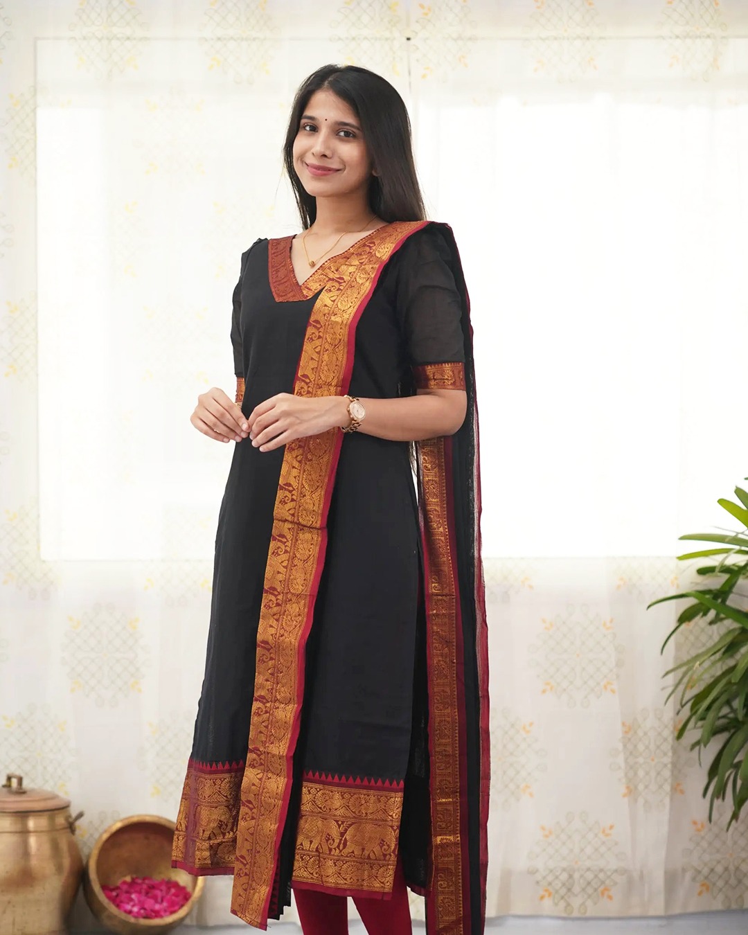Black Heritage Weave Kurti Dupatta Set