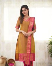 Mustard Kanchi Cotton Kurti Set with Zari Dupatta - Mustard