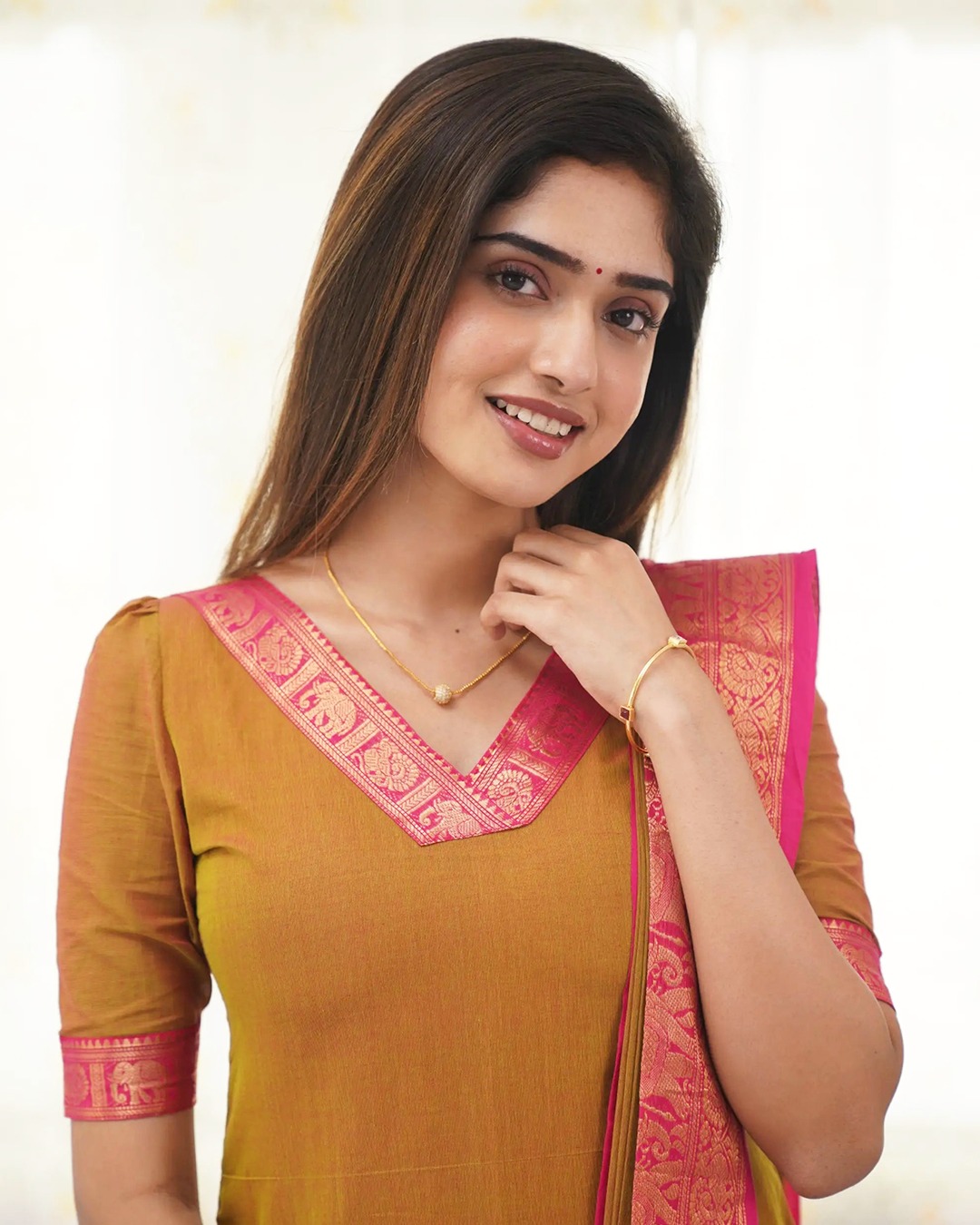 Mustard Kanchi Cotton Kurti Set with Zari Dupatta
