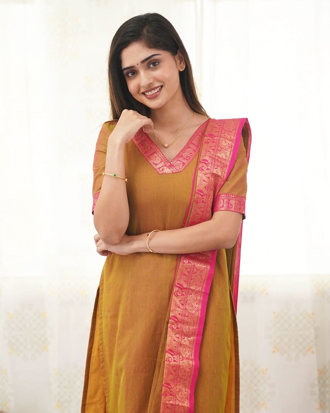 Mustard Kanchi Cotton Kurti Set with Zari Dupatta